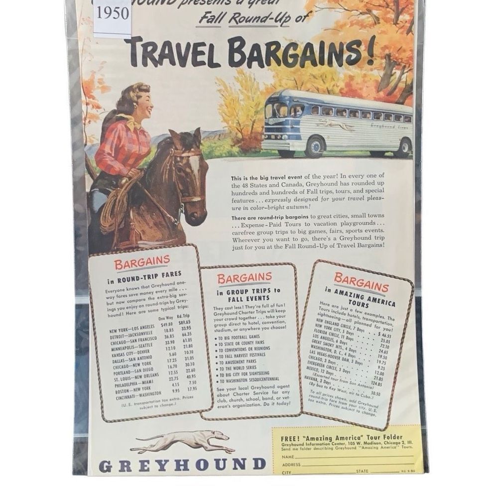 Vintage 1950 Greyhound Travel Bargains Ad Advertisement